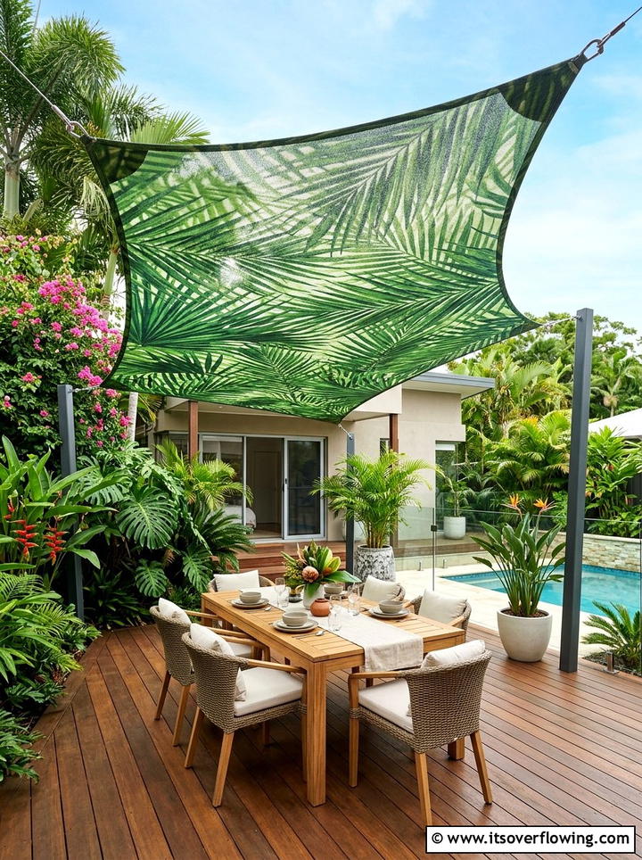 Palm Leaf Shade Sail - 25 garden decor ideas for tropical gardens