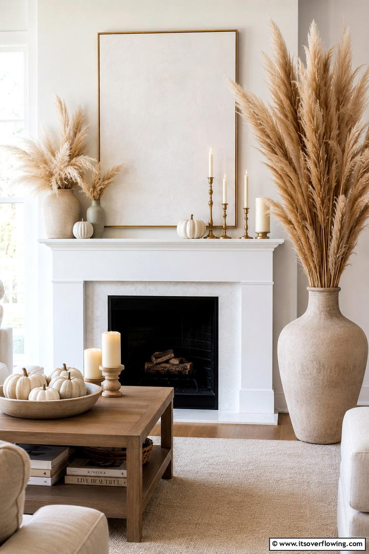 Pampas Grass and Neutrals - 50 Fall Fireplace Decor Ideas to Warm Autumn Gatherings