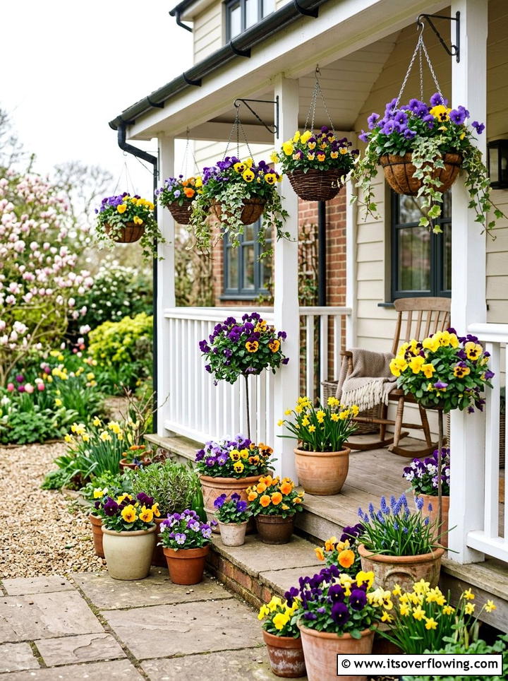 Pansy Spring Display - 25 garden ideas with hanging baskets