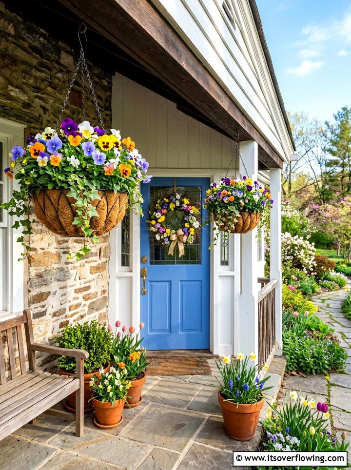Pansy hanging baskets spring porch - 25 cheap garden ideas with hanging baskets