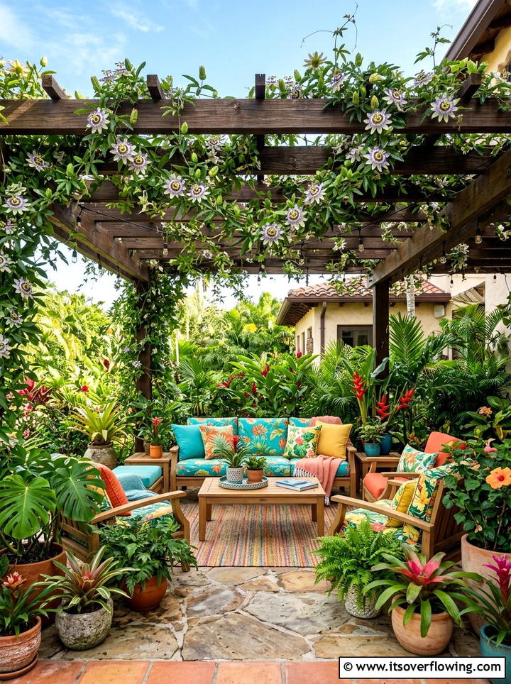 Passionflower tropical patio - 25 creative garden ideas with pergola vines