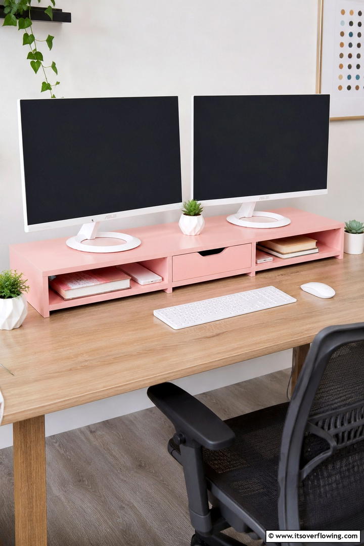 Pastel Pink Monitor Stand Design - 30 Pink Gaming Setup Ideas for a Vibrant Play Space