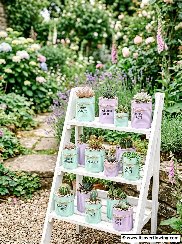 Pastel Tin Can Succulent Planter - 25 upcycled garden ideas with old cans