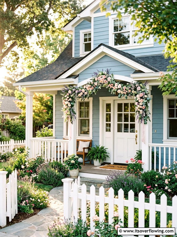 Pastel flower garland for front door - 25 front porch ideas with floral garland