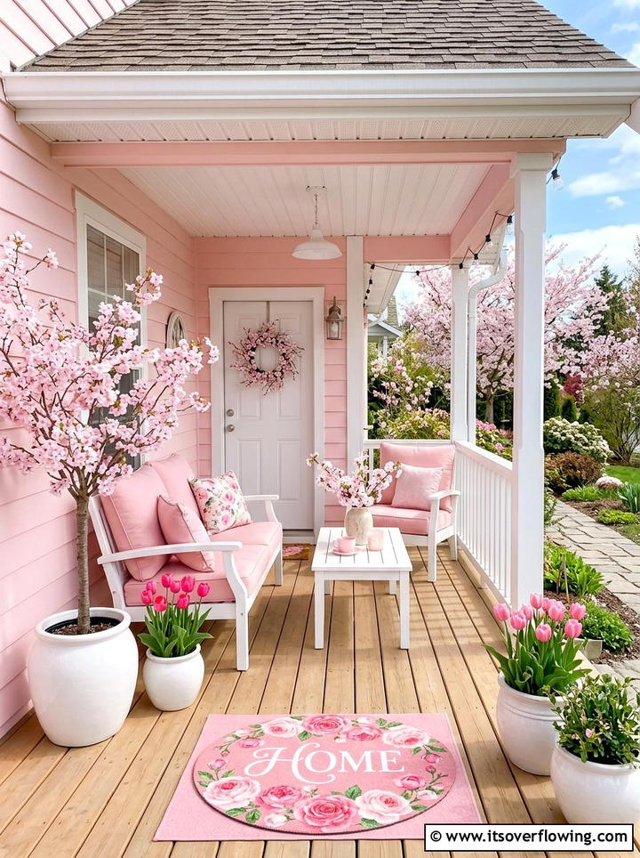 Pastel pink porch - 25 front porch ideas with spring decor
