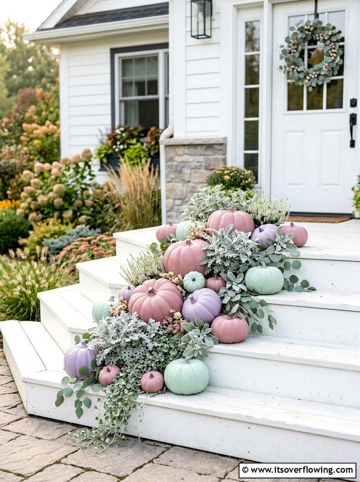 Pastel pumpkin arrangement - 25 front porch decor ideas with fake pumpkins