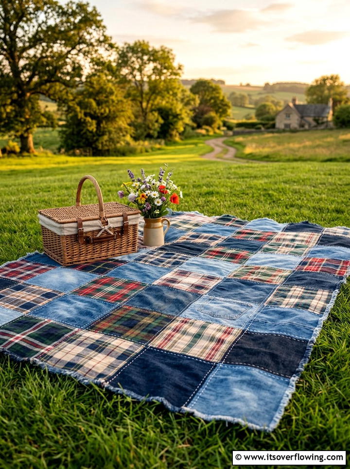 Patchwork Garden Picnic Blanket - 25 upcycled garden ideas with fabric scraps