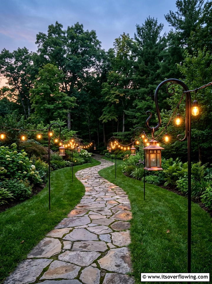Pathway pole lights - 25 garden decor ideas with string bulb lights