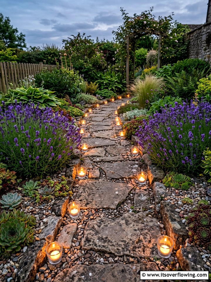 Pathway tea lights in stones - 25 garden decor ideas with tea lights