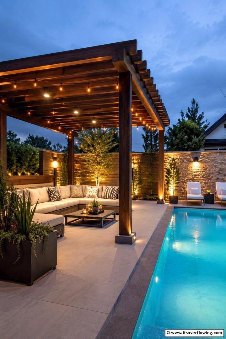 Patio Pergola with Ambient Lighting - 30 Pool Shade Ideas for a Cool and Relaxing Oasis