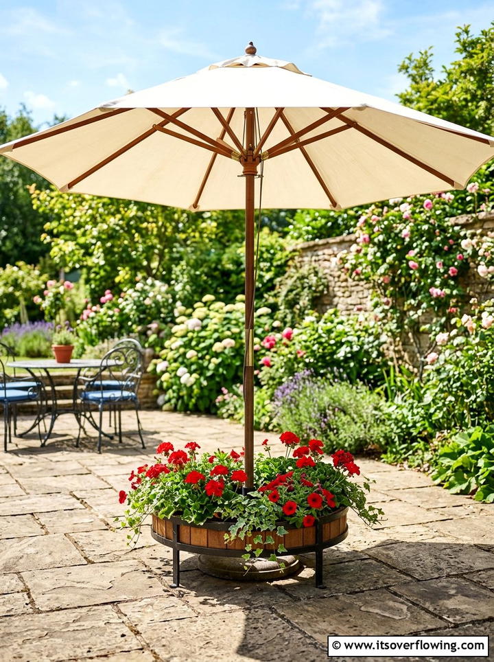 Patio Umbrella Flower Ring - 25 backyard decorating ideas with floral displays