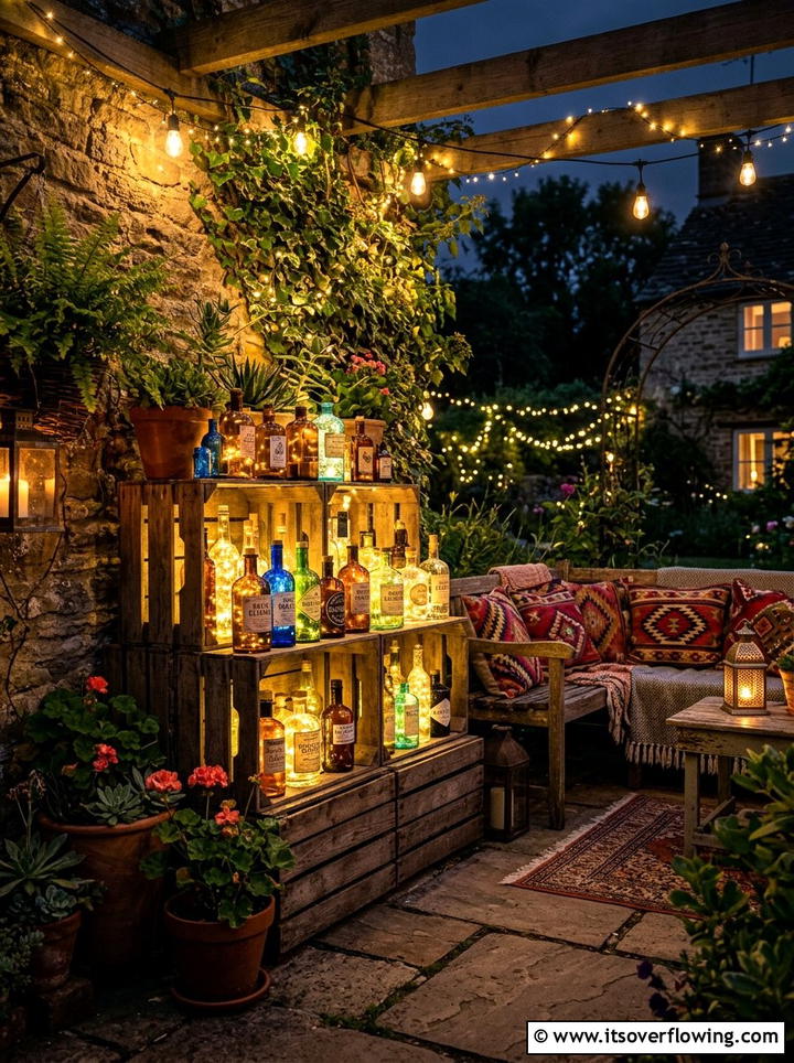 Patio corner bottle display - 25 garden decor ideas with bottle lights