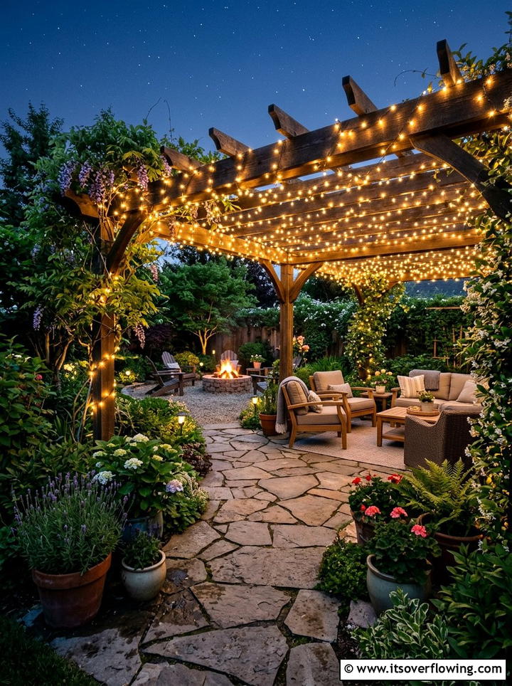 Patio garden with fairy light pergolas - 25 creative garden ideas with fairy light pathways