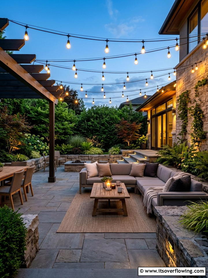 Patio string lights - 25 backyard decorating ideas with hanging lights
