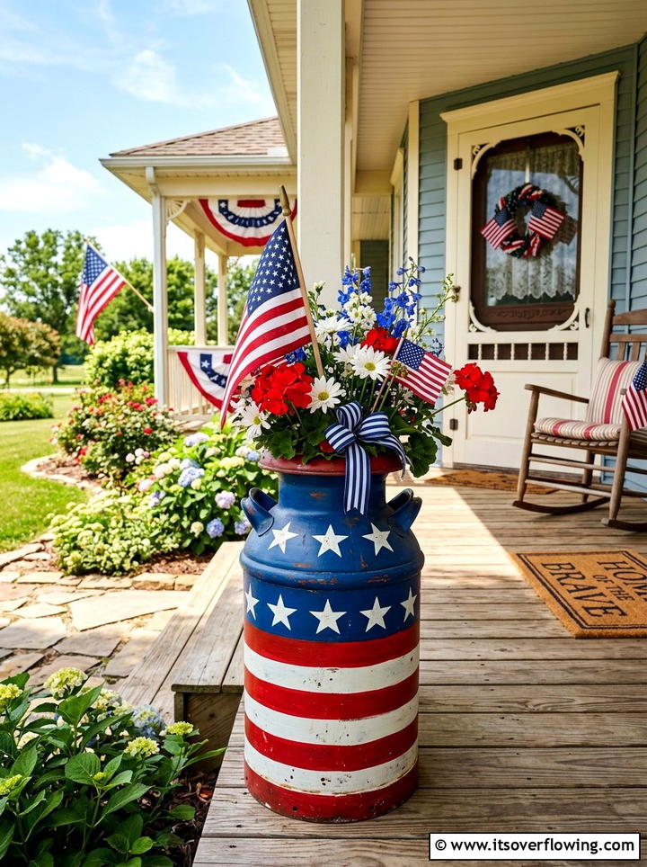 Patriotic Milk Can - 25 front porch decor ideas with old milk cans