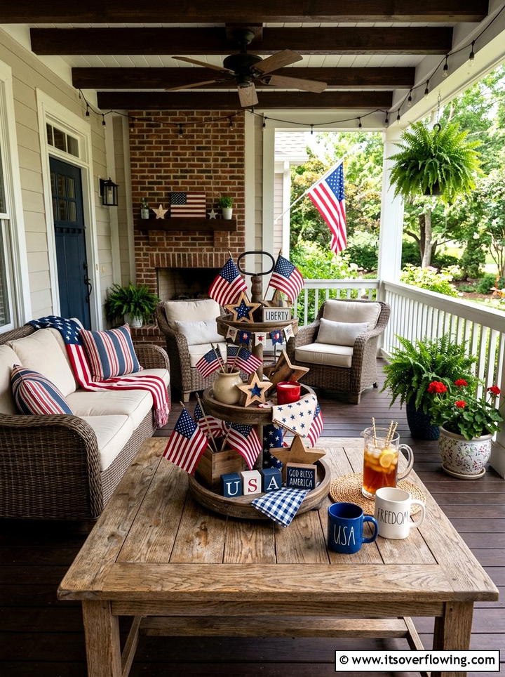 Patriotic tiered tray on porch table - 25 front porch ideas with patriotic decor