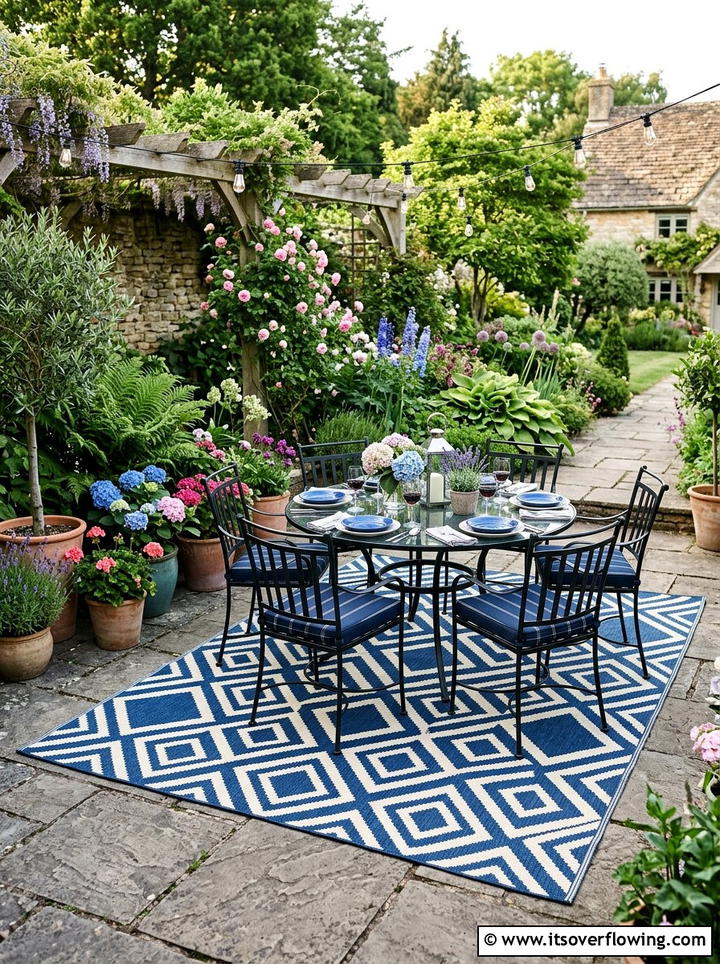 Patterned Outdoor Rug - 25 backyard decorating ideas with garden party style