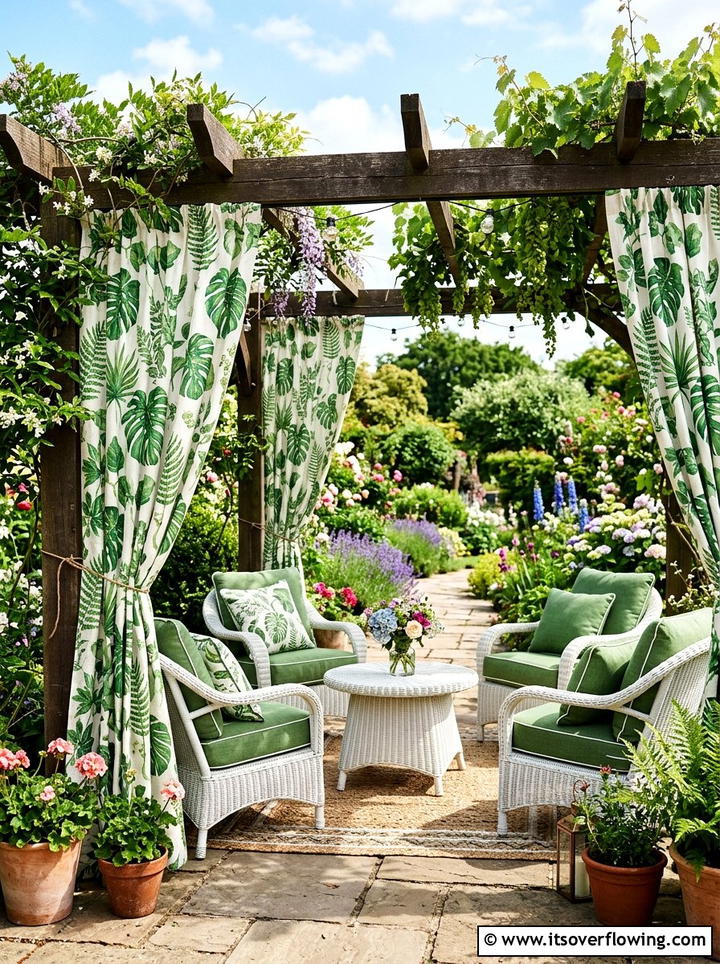 Patterned floral pergola curtains - 25 garden decor ideas with pergola curtains