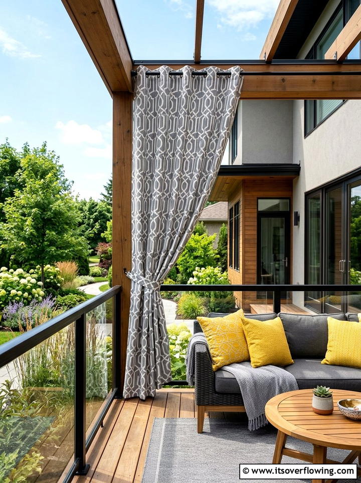 Patterned geometric outdoor curtains - 25 backyard ideas with pergola curtains