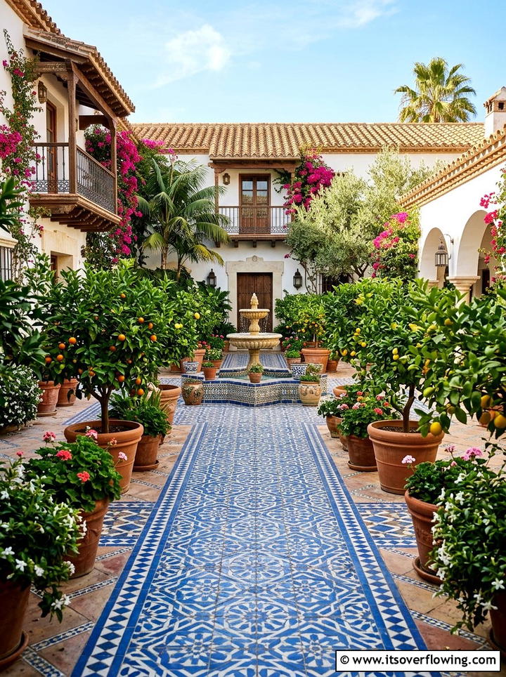 Patterned tile walkway in courtyard - 25 creative garden ideas with secret pathways
