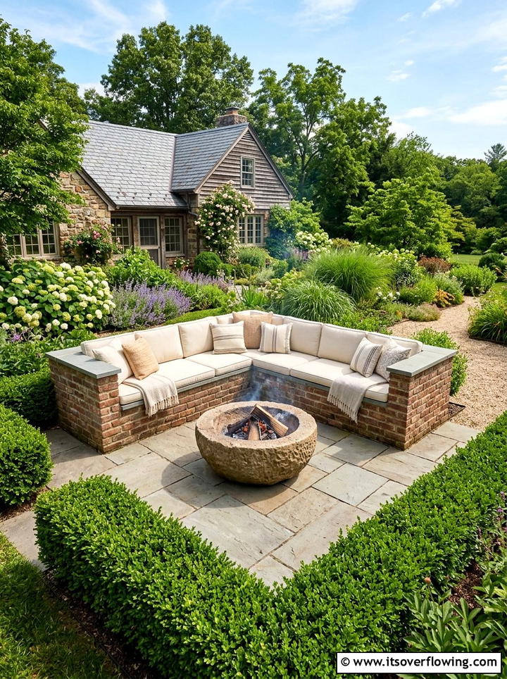 Paver patio with L shaped bench - 25 backyard ideas with benches