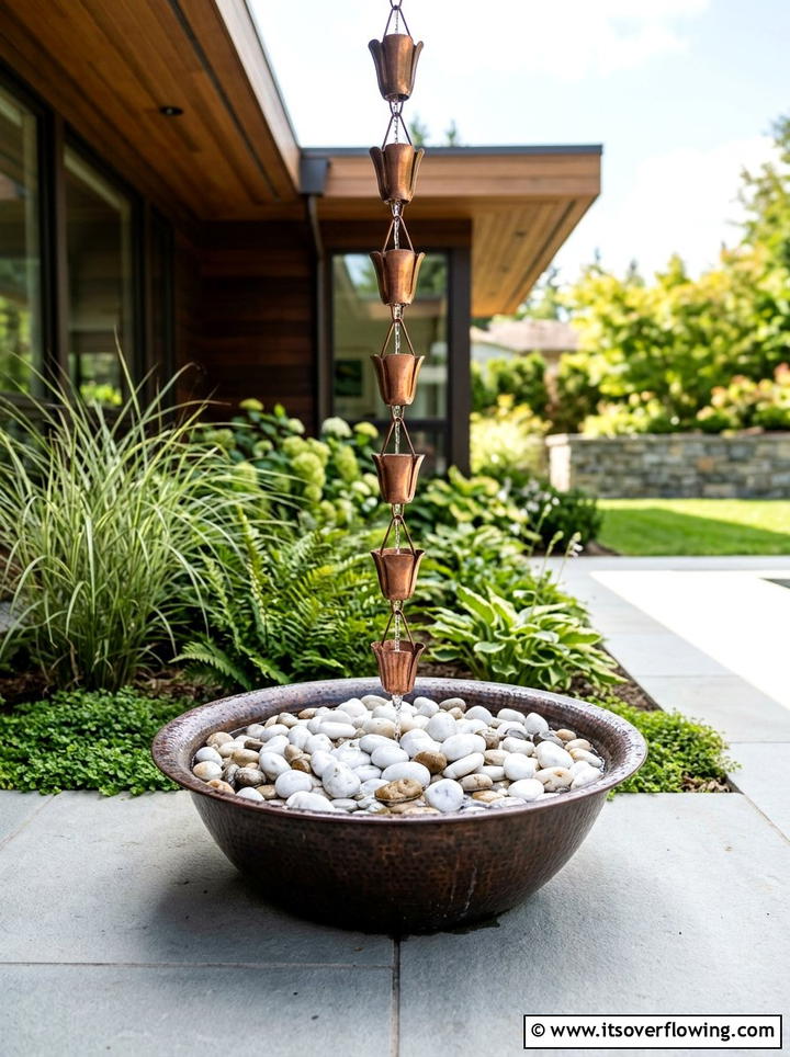 Pebble Filled Basin - 25 creative garden ideas with rain chains