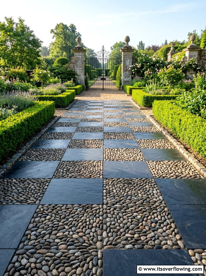 Pebble and slate checkerboard - 25 garden ideas with pebble mosaics