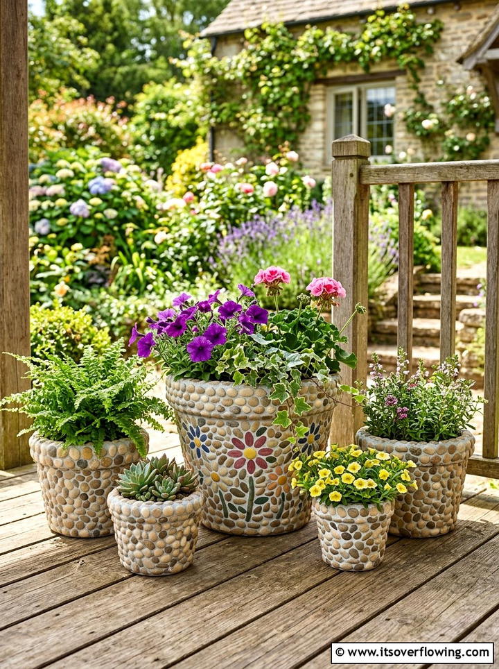 Pebble flower pot - 25 upcycled garden ideas with stones