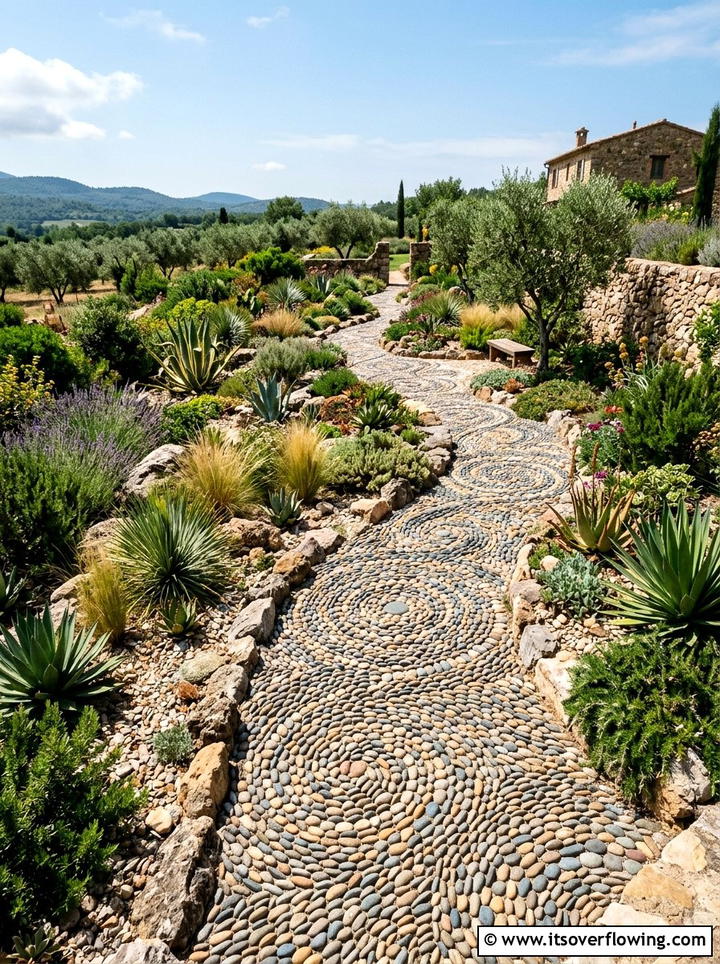 Pebble mosaic path - 25 cheap garden ideas with drought tolerant plants