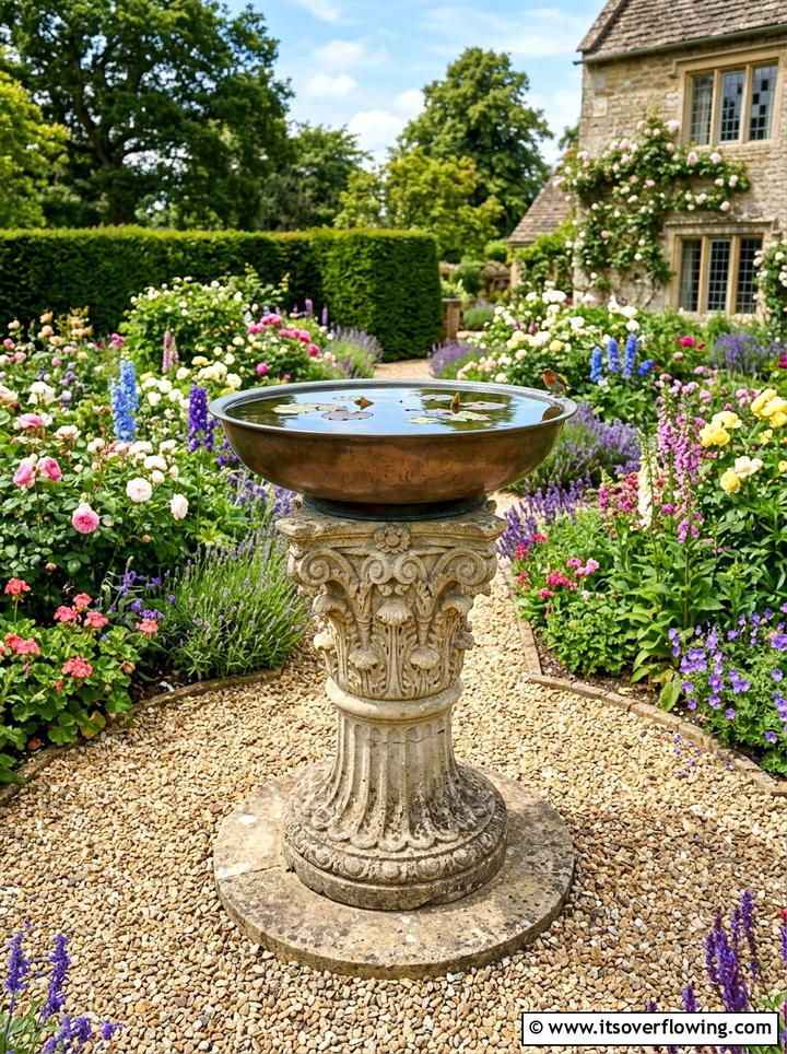 Pedestal water bowl feature - 25 garden decor ideas with water bowls