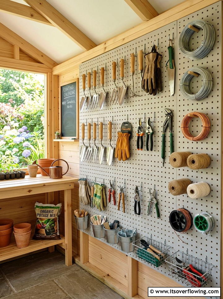 Pegboard garden wall - 25 upcycled garden ideas with tool storage