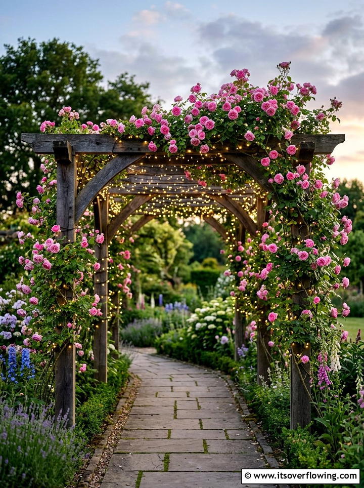 Pergola Climbing Rose Lights - 25 backyard decorating ideas with pergola string lights