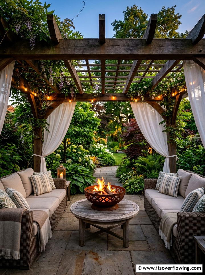 Pergola Covered Seating - 25 backyard decorating ideas with tabletop fire bowls