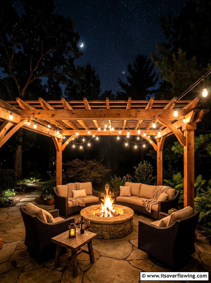 Pergola Fire Pit With String Lights - 25 backyard ideas with pergola and fire pit