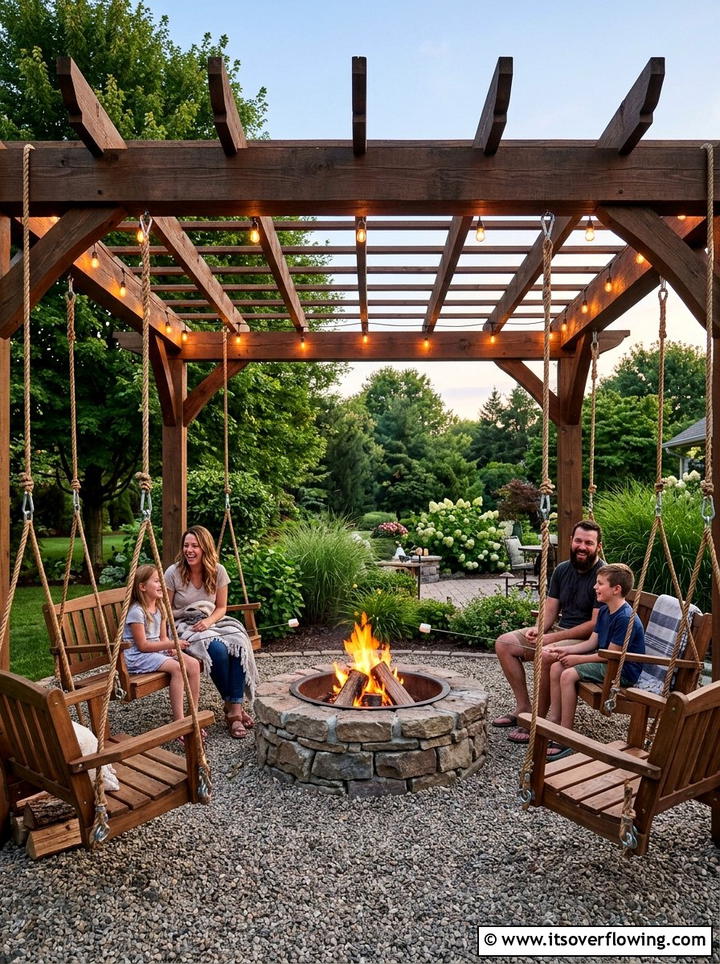 Pergola Fire Pit With Swing Chairs - 25 backyard ideas with pergola and fire pit