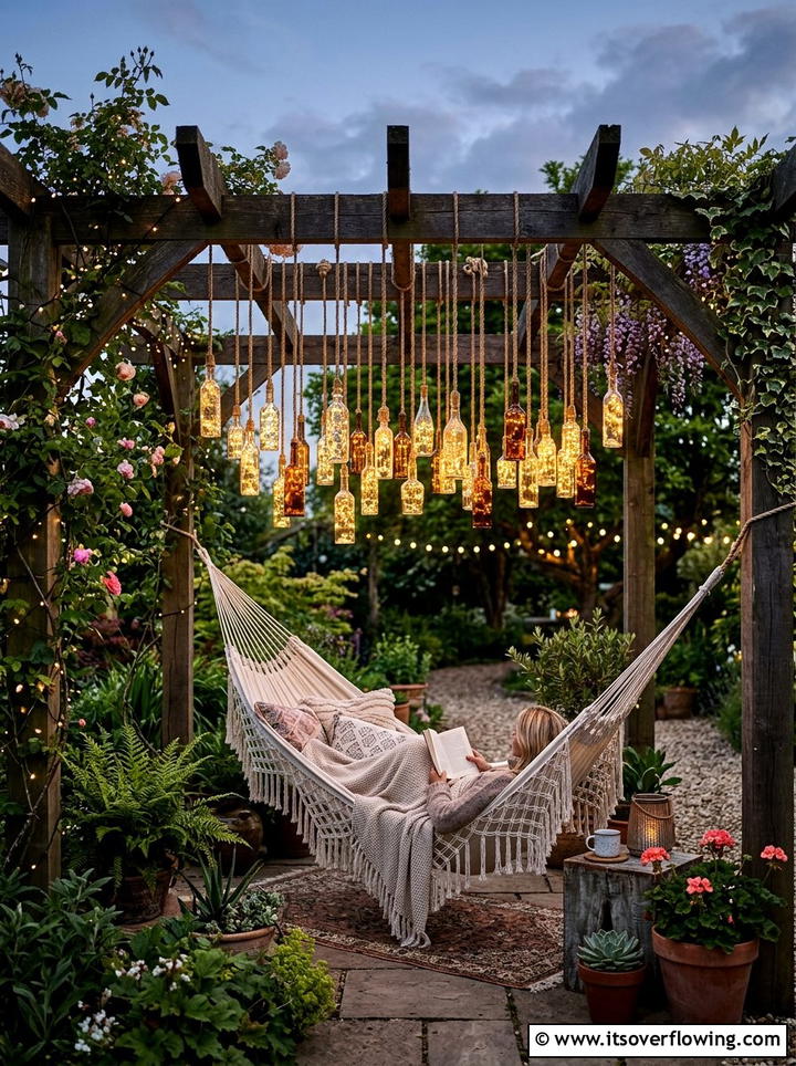 Pergola Hanging Bottle Light - 25 garden ideas with bottle lights