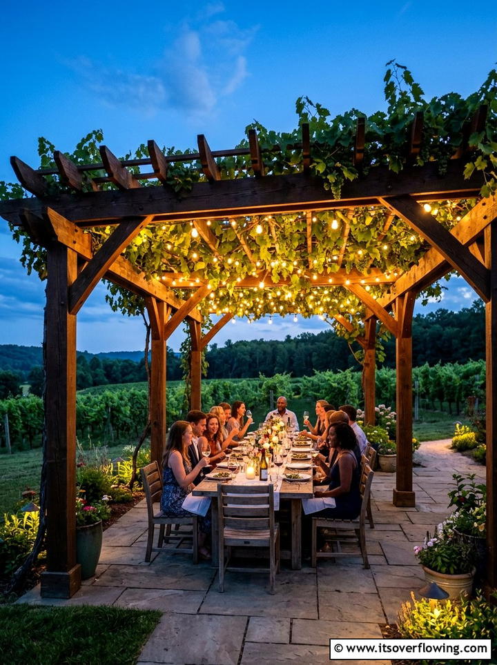 Pergola Style Grape Arbor With String Lights - 25 creative garden ideas with grape arbor
