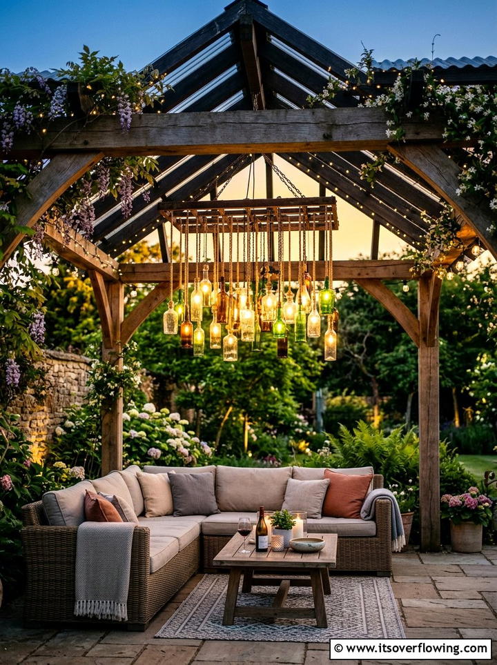Pergola bottle light chandelier - 25 garden decor ideas with bottle lights