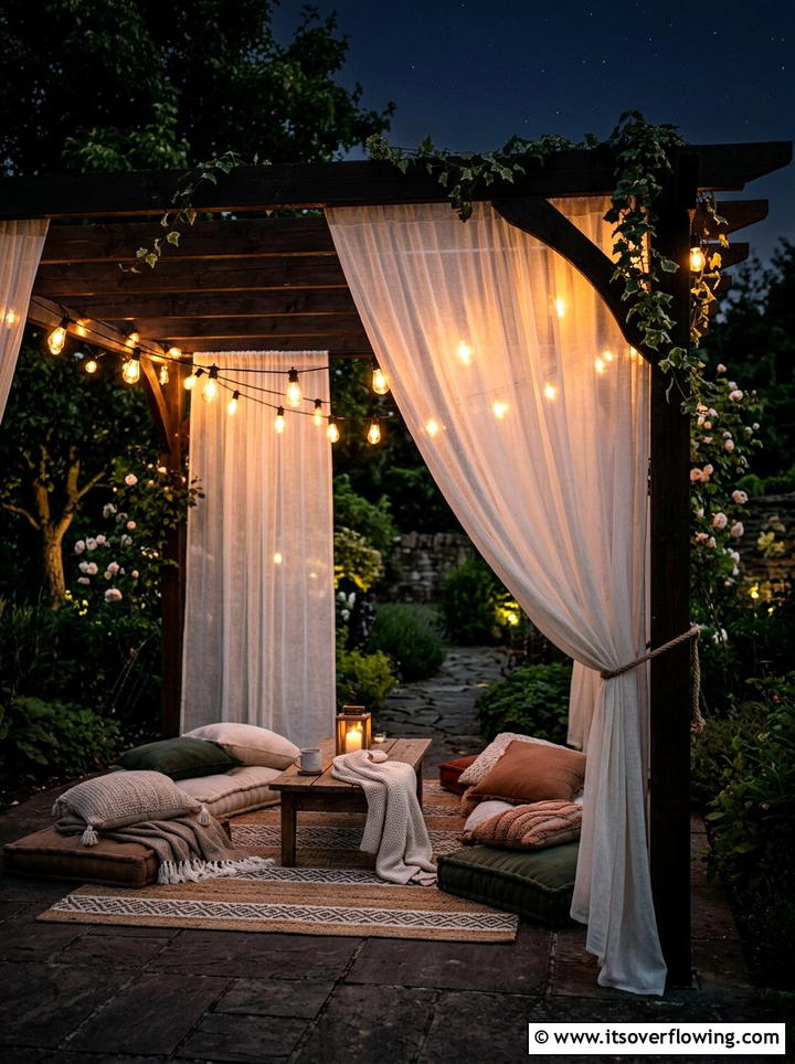 Pergola curtains with string lights - 25 garden decor ideas with pergola curtains