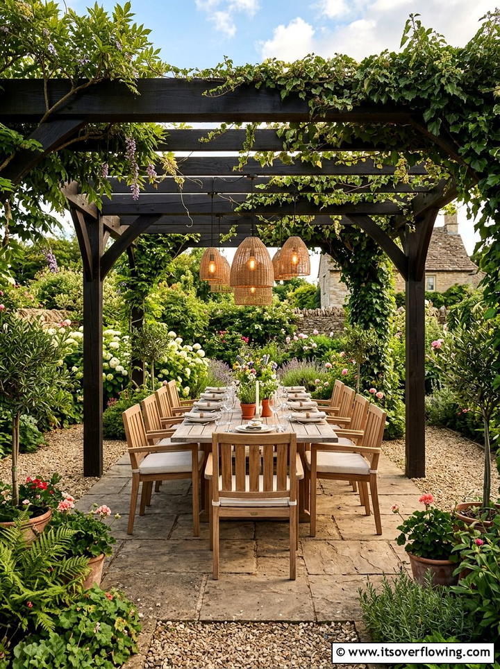 Pergola dining area - 25 creative garden ideas with outdoor party zones