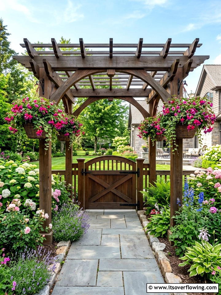 Pergola gate with hanging flower baskets - 25 garden decor ideas with gate decorations