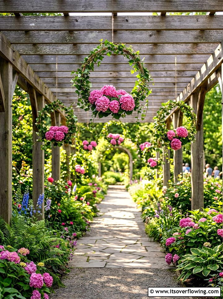 Pergola hanging floral hoop - 25 garden decor ideas with floral hoops