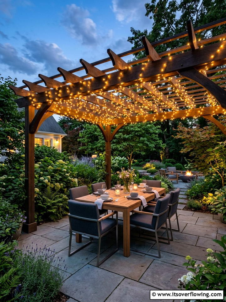 Pergola string lighting - 25 garden decor ideas with fairy lights