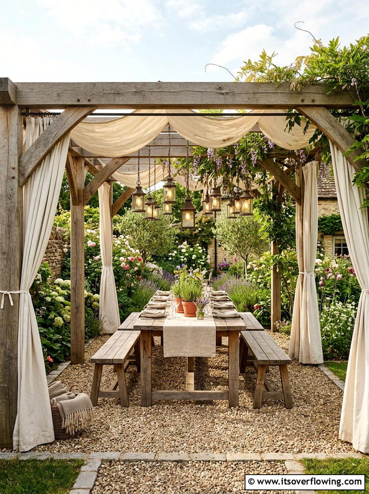 Pergola with canvas drop cloths - 25 backyard decorating ideas with outdoor curtains