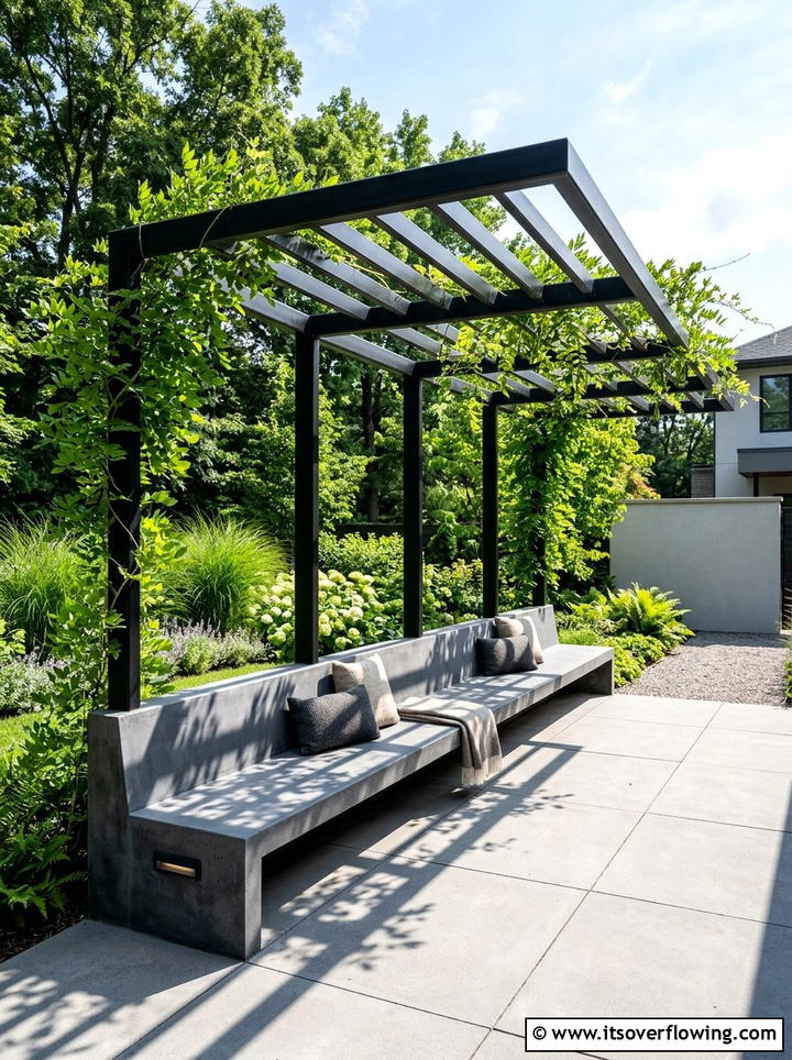 Pergola with concrete bench seating - 25 backyard ideas with concrete bench