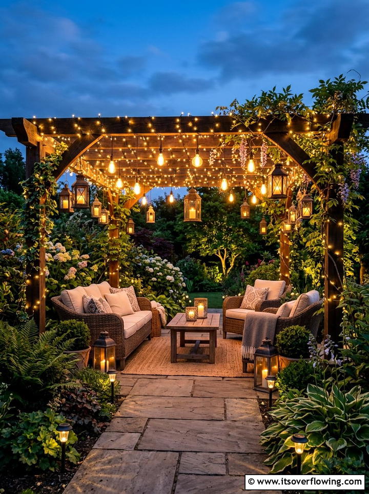 Pergola with fairy lights and lanterns - 25 garden ideas with pergola