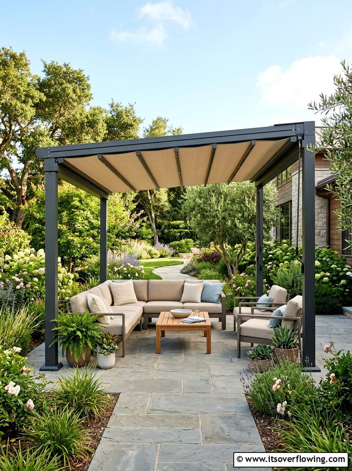 Pergola with retractable fabric canopy - 25 garden ideas with pergola