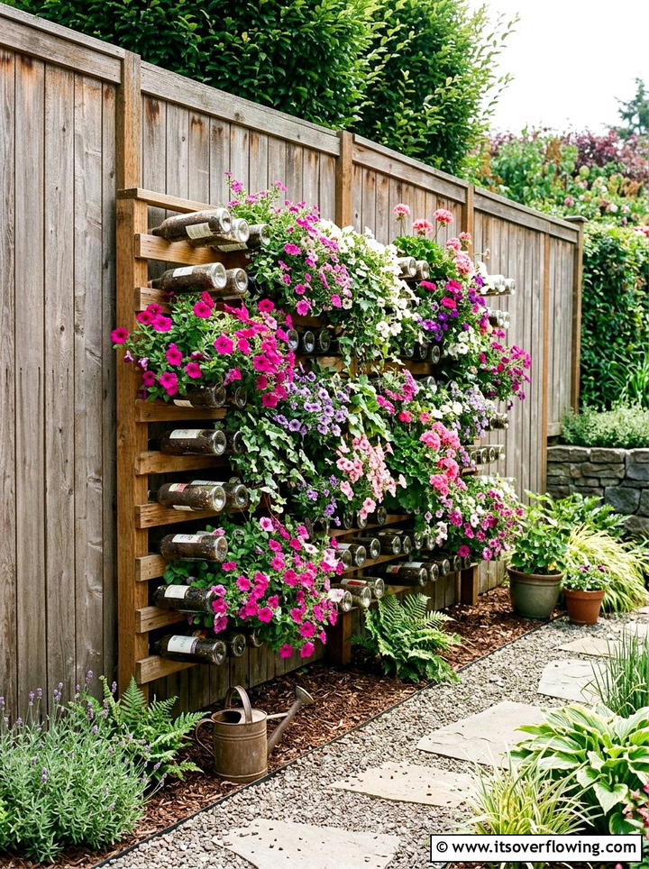Perpendicular Bottle Fence Planter - 25 recycled garden ideas with hanging bottle planters