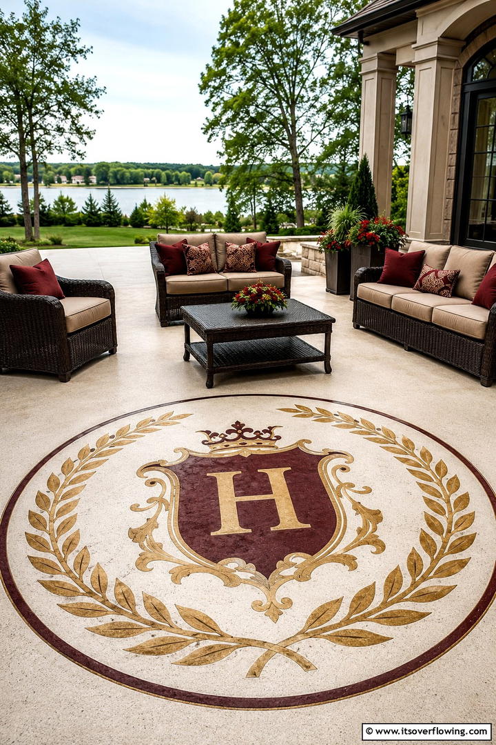 Personalized Monogram Magic - 30 Painted Concrete Patio Ideas for Colorful Outdoor Floors