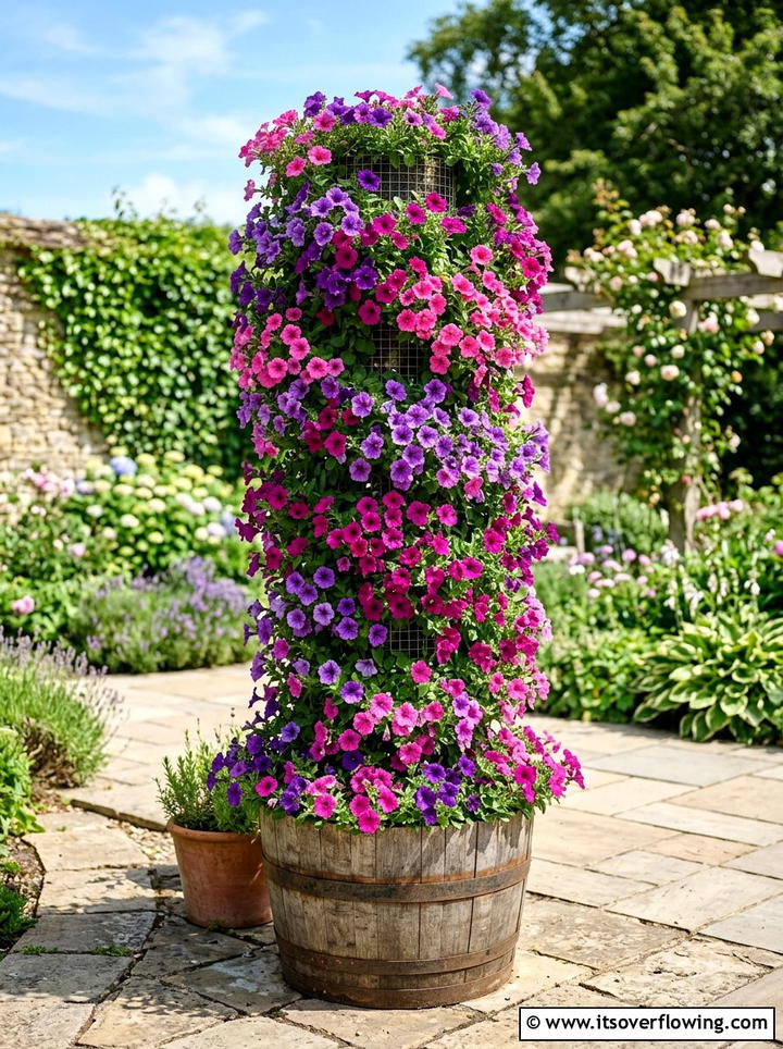 Petunia Barrel Flower Tower - 25 backyard ideas with barrel planter